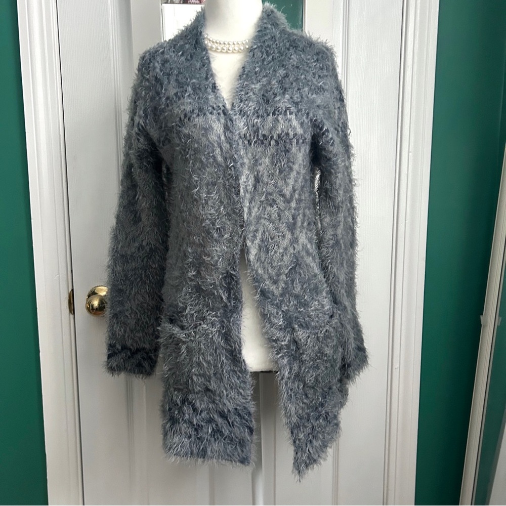 Eddie Bauer Fuzzy Heather Blue Long Open  Cardigan S